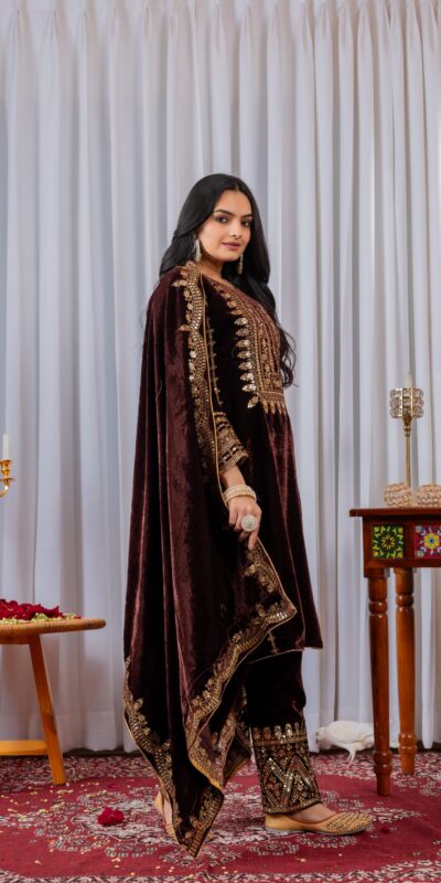 AD 089 Brown Viscose Velvet Salwar Suit with Embroidery Work. Affordable Price ₹1999. Delivery 4-6 Working Days. Shop now. | Casual Suits, Jump Suits, Creative suits, Designer Suits, Palazzo Suits, Party Wear Suits, Patiala Suits, Salwar suit, Straight Suits