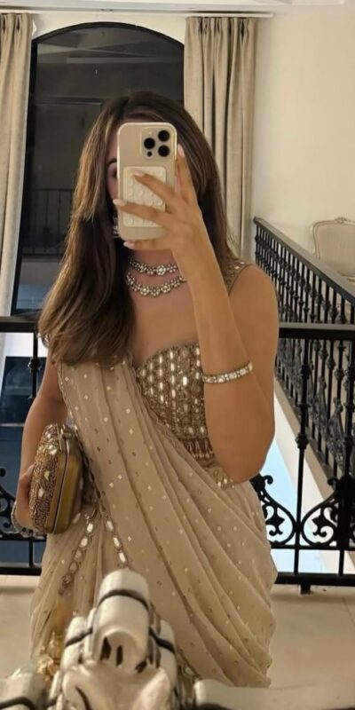 BD 1821 Chiku in Faux Georgette Mirror Work Saree . Wedding, Party, Festive, Events, Grab it for ₹2499. Delivery 4-6 Working Days. Shop now. | Creative Sarees, Bollywood Sarees, Designer Sarees, Embroidered Sarees, Ethnic Saree, Modern Digital sarees, Party Wear Sarees, Sarees