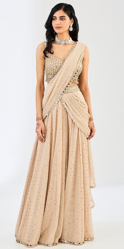BD 1821 Chiku in Faux Georgette Mirror Work Saree . Wedding, Party, Festive, Events, Grab it for ₹2499. Delivery 4-6 Working Days. Shop now. | Creative Sarees, Bollywood Sarees, Designer Sarees, Embroidered Sarees, Ethnic Saree, Modern Digital sarees, Party Wear Sarees, Sarees