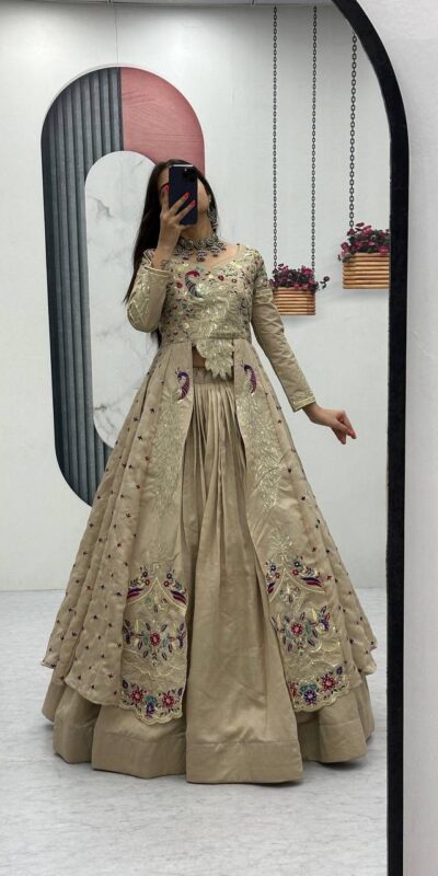 PC 528 Cream Color Vichitra Sequence Work Lehenga Choli Designer Work. Grab it for ₹2649. Delivery 4-6 Working Days. Shop now. | Bollywood Lehenga, Creative Lehenga, Designer Lehenga, Embroidered Lehenga, Lehenga, Party Wear Lehenga