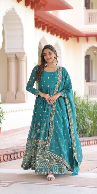 EKA 1216 Firozi in Silver Crunchy mbroidery Work & Sequins Work Gown . Available at ₹2649 only. Delivery 4-6 Working Days. Shop now. | Bollywood Gowns, Creative Gowns, Designer Gowns, Embroidered Gowns, Gowns, Party Wear Gowns