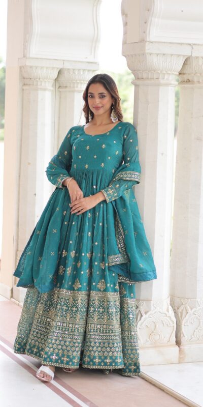 EKA 1216 Firozi in Silver Crunchy mbroidery Work & Sequins Work Gown . Available at ₹2649 only. Delivery 4-6 Working Days. Shop now. | Bollywood Gowns, Creative Gowns, Designer Gowns, Embroidered Gowns, Gowns, Party Wear Gowns