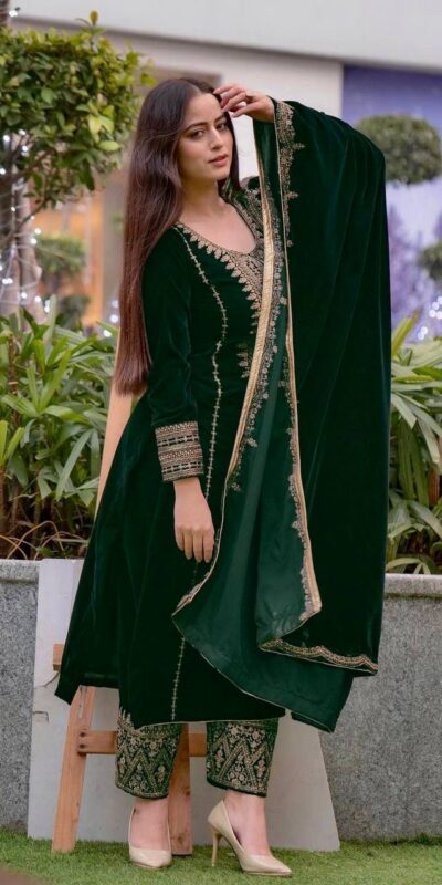 AD 089 Green Viscose Velvet Salwar Suit with Embroidery Work. Affordable Price ₹1999. Delivery 4-6 Working Days. Shop now. | Casual Suits, Jump Suits, Creative suits, Designer Suits, Palazzo Suits, Party Wear Suits, Patiala Suits, Salwar suit, Straight Suits