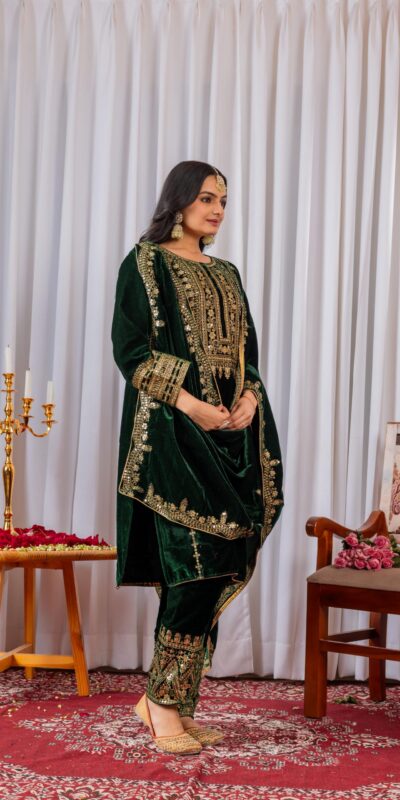 AD 089 Green Viscose Velvet Salwar Suit with Embroidery Work. Affordable Price ₹1999. Delivery 4-6 Working Days. Shop now. | Casual Suits, Jump Suits, Creative suits, Designer Suits, Palazzo Suits, Party Wear Suits, Patiala Suits, Salwar suit, Straight Suits