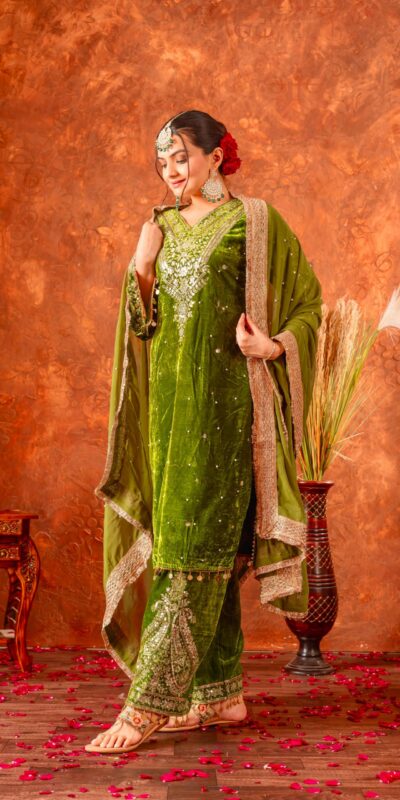 AD 134 Green Color Heavy Pure Viscose Velvet Embroidery Sharara Suit Wedding, Party, Festive, Events Etc. Expected Delivery 4-6 Working Days @2099/- | Casual Suits, Jump Suits, Creative suits, Designer Suits, Palazzo Suits, Party Wear Suits, Patiala Suits, Salwar suit, Straight Suits