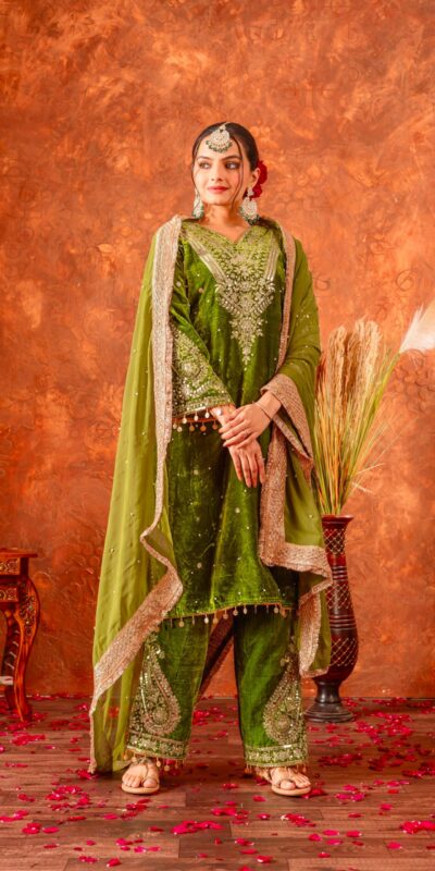 AD 134 Green Color Heavy Pure Viscose Velvet Embroidery Sharara Suit Wedding, Party, Festive, Events Etc. Expected Delivery 4-6 Working Days @2099/- | Casual Suits, Jump Suits, Creative suits, Designer Suits, Palazzo Suits, Party Wear Suits, Patiala Suits, Salwar suit, Straight Suits
