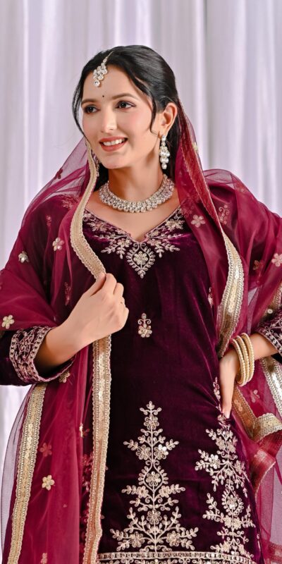 ND 5052 Maroon Viscous Velvet Salwar Suit Perfect for Wedding, Party, Reception, Eid, Temple Visit – . Introductory Price ₹2149. Delivery 4-6 Working | Casual Suits, Jump Suits, Creative suits, Designer Suits, Palazzo Suits, Party Wear Suits, Patiala Suits, Salwar suit, Straight Suits