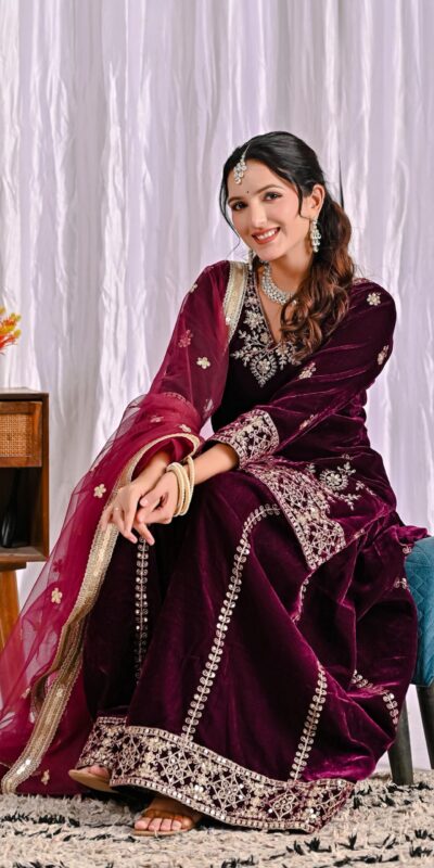 ND 5052 Maroon Viscous Velvet Salwar Suit Perfect for Wedding, Party, Reception, Eid, Temple Visit – . Introductory Price ₹2149. Delivery 4-6 Working | Casual Suits, Jump Suits, Creative suits, Designer Suits, Palazzo Suits, Party Wear Suits, Patiala Suits, Salwar suit, Straight Suits