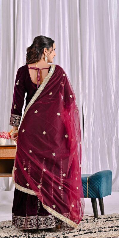 ND 5052 Maroon Viscous Velvet Salwar Suit Perfect for Wedding, Party, Reception, Eid, Temple Visit – . Introductory Price ₹2149. Delivery 4-6 Working | Casual Suits, Jump Suits, Creative suits, Designer Suits, Palazzo Suits, Party Wear Suits, Patiala Suits, Salwar suit, Straight Suits