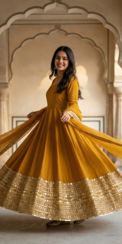 ZSR 3152 Mustered Color Roman silk Gown with Embroidery Work & Lace Work. Grab it for ₹2599. Delivery 4-6 Working Days. Shop now. | Bollywood Gowns, Creative Gowns, Designer Gowns, Embroidered Gowns, Gowns, Party Wear Gowns