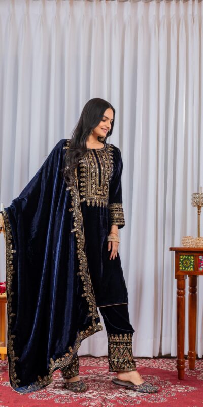 AD 089 Navy Blue Viscose Velvet Salwar Suit with Embroidery Work. Affordable Price ₹1999. Delivery 4-6 Working Days. Shop now. | Casual Suits, Jump Suits, Creative suits, Designer Suits, Palazzo Suits, Party Wear Suits, Patiala Suits, Salwar suit, Straight Suits