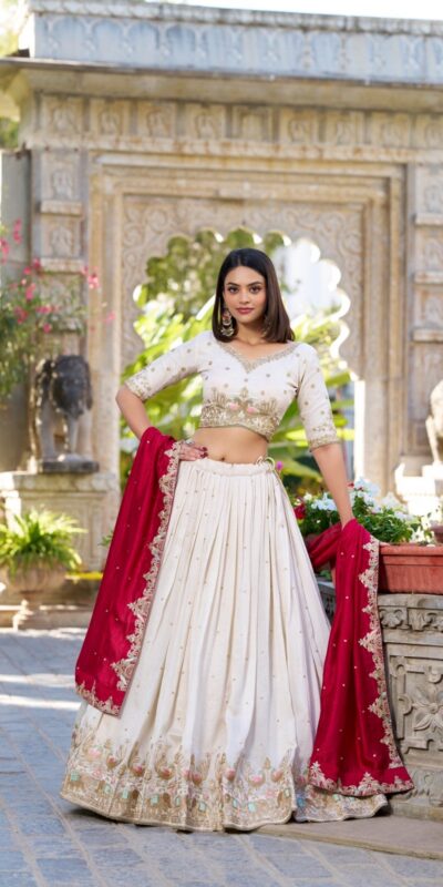 LNB 1411 Off White Vichitra Silk Lehenga Choli Perfect for Wedding, Party, Festival Celebrations, Ethnic Day, Durga Puja – . Available at ₹3499 on | Bollywood Lehenga, Creative Lehenga, Designer Lehenga, Embroidered Lehenga, Lehenga, Party Wear Lehenga