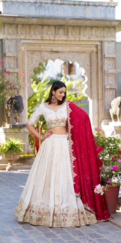 LNB 1411 Off White Vichitra Silk Lehenga Choli Perfect for Wedding, Party, Festival Celebrations, Ethnic Day, Durga Puja – . Available at ₹3499 on | Bollywood Lehenga, Creative Lehenga, Designer Lehenga, Embroidered Lehenga, Lehenga, Party Wear Lehenga