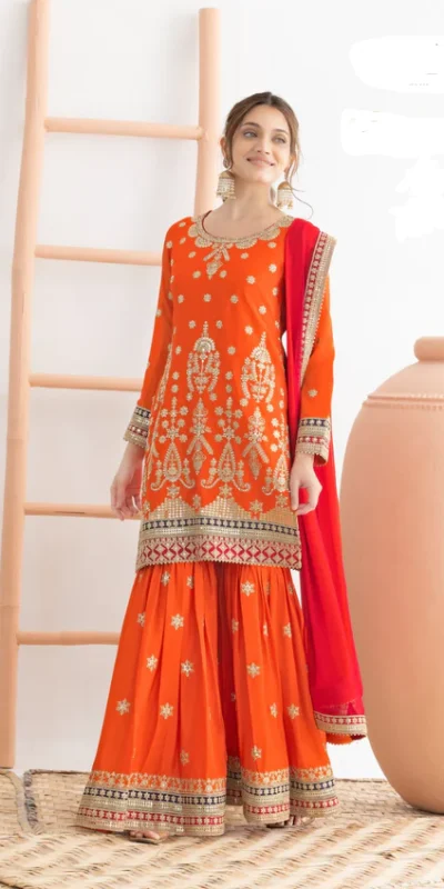 FC 726 Orange Chinon Salwar Suit Perfect for Wedding, Party, Ethnic Day, Makar Sankranti, Cultural Events – . Best Price ₹3049. Delivery 4-6 Working | Casual Suits, Jump Suits, Creative suits, Designer Suits, Palazzo Suits, Party Wear Suits, Patiala Suits, Salwar suit, Straight Suits