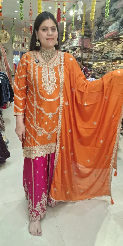 ND 5033 Orange Chinon Silk Salwar Suit with Embroidery Work & Lace Work. Affordable Price ₹2149. Delivery 4-6 Working Days. Shop now. | Casual Suits, Jump Suits, Creative suits, Designer Suits, Palazzo Suits, Party Wear Suits, Patiala Suits, Salwar suit, Straight Suits