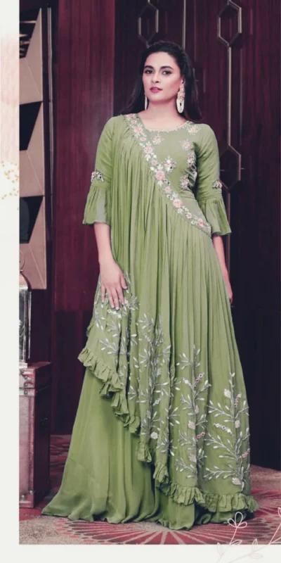 KT 190 Pista in Georgette. Mirror Work & Lace Work Gown Wedding, Party, Festive, Events, Now at just ₹1949. Delivery 4-6 Working Days. Shop now. | Bollywood Gowns, Creative Gowns, Designer Gowns, Embroidered Gowns, Gowns, Party Wear Gowns