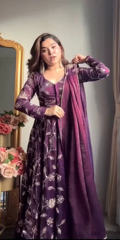VLM 320 Purple Fendy Silk Gown Perfect for Wedding, Party, Pongal, Sangeet, Diwali – . Get it for ₹2499. Delivery 4-6 Working Days. Shop now. | Bollywood Gowns, Creative Gowns, Designer Gowns, Embroidered Gowns, Gowns, Party Wear Gowns