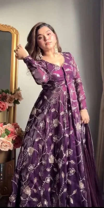 VLM 320 Purple Fendy Silk Gown Perfect for Wedding, Party, Pongal, Sangeet, Diwali – . Get it for ₹2499. Delivery 4-6 Working Days. Shop now. | Bollywood Gowns, Creative Gowns, Designer Gowns, Embroidered Gowns, Gowns, Party Wear Gowns
