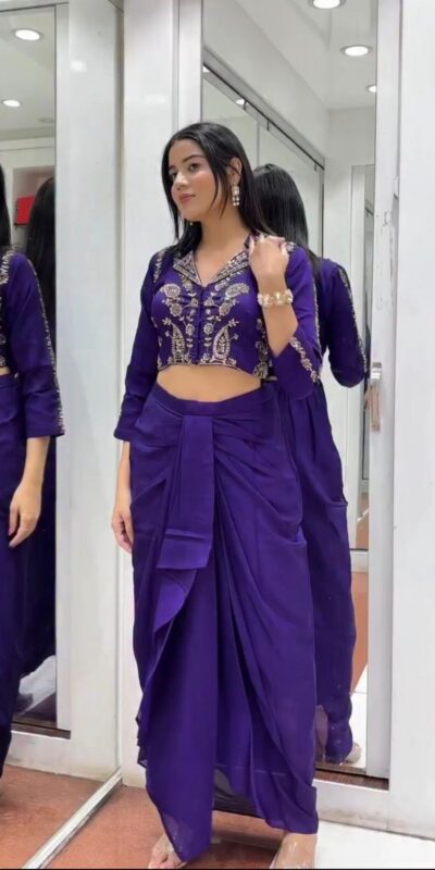 BB 44 Purple Soft Chinon Silk Perfect for Wedding, Party, Durga Puja, Diwali, Holi –Dhoti Suit. Introductory Price ₹2099. Delivery 4-6 Working Days | Casual Suits, Jump Suits, Creative suits, Designer Suits, Palazzo Suits, Party Wear Suits, Patiala Suits, Salwar suit, Straight Suits