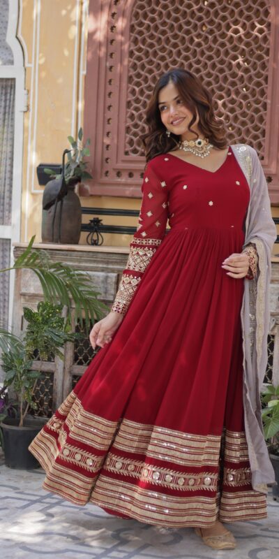 KA 1148 Red Color Faux Blooming Gown with Zari Work & Embroidery Work. Grab it for ₹1899. Delivery 4-6 Working Days. Shop now. | Bollywood Gowns, Creative Gowns, Designer Gowns, Embroidered Gowns, Gowns, Party Wear Gowns