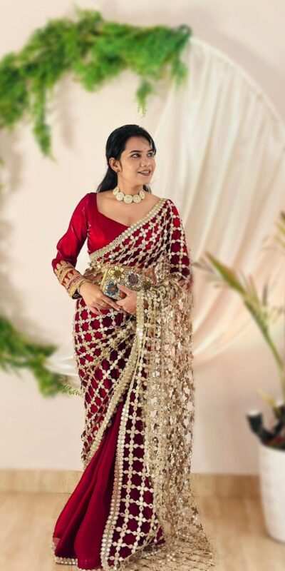 SRK 5322 Red Fendy Silk Saree with Lace Work & Mirror Work. Wedding, Party, Festive, Events, Festive Deal ₹2499. Delivery 4-6 Working Days. Shop now. | Creative Sarees, Bollywood Sarees, Designer Sarees, Embroidered Sarees, Ethnic Saree, Modern Digital sarees, Party Wear Sarees, Sarees