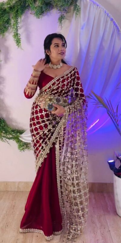 SRK 5322 Red Fendy Silk Saree with Lace Work & Mirror Work. Wedding, Party, Festive, Events, Festive Deal ₹2499. Delivery 4-6 Working Days. Shop now. | Creative Sarees, Bollywood Sarees, Designer Sarees, Embroidered Sarees, Ethnic Saree, Modern Digital sarees, Party Wear Sarees, Sarees