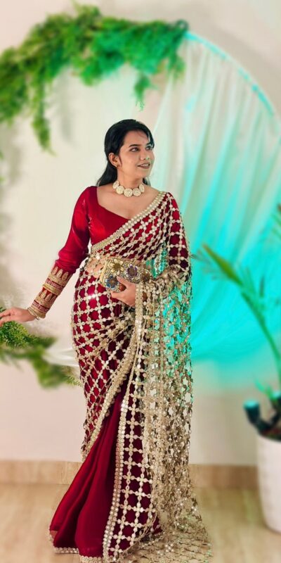 SRK 5322 Red Fendy Silk Saree with Lace Work & Mirror Work. Wedding, Party, Festive, Events, Festive Deal ₹2499. Delivery 4-6 Working Days. Shop now. | Creative Sarees, Bollywood Sarees, Designer Sarees, Embroidered Sarees, Ethnic Saree, Modern Digital sarees, Party Wear Sarees, Sarees