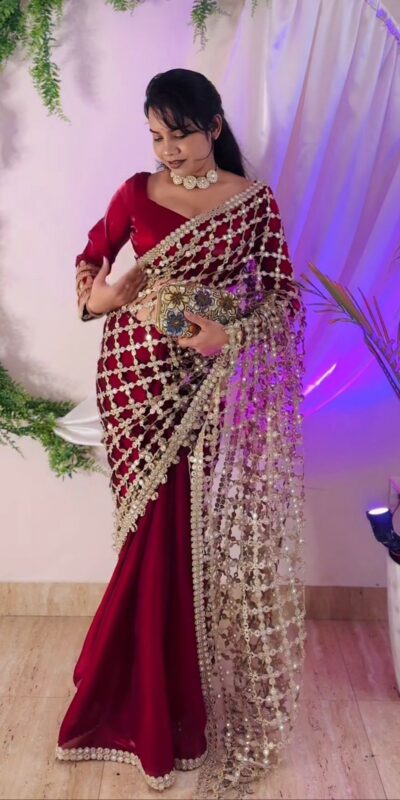 SRK 5322 Red Fendy Silk Saree with Lace Work & Mirror Work. Wedding, Party, Festive, Events, Festive Deal ₹2499. Delivery 4-6 Working Days. Shop now. | Creative Sarees, Bollywood Sarees, Designer Sarees, Embroidered Sarees, Ethnic Saree, Modern Digital sarees, Party Wear Sarees, Sarees