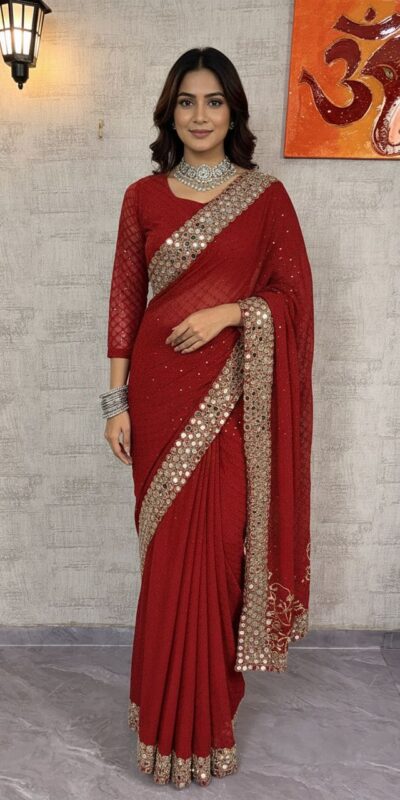 BD 1811 Red in Faux Georgette Mirror Work & Embroidery Work Saree . Exclusive Offer ₹2049. Delivery 4-6 Working Days. Shop now. | Creative Sarees, Bollywood Sarees, Designer Sarees, Embroidered Sarees, Ethnic Saree, Modern Digital sarees, Party Wear Sarees, Sarees