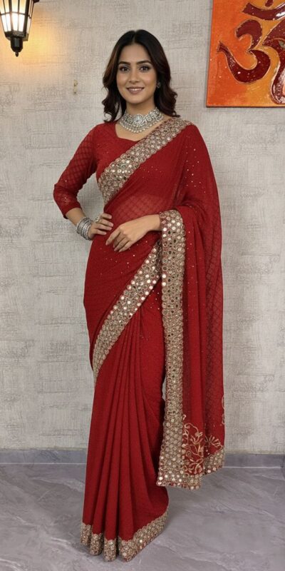 BD 1811 Red in Faux Georgette Mirror Work & Embroidery Work Saree . Exclusive Offer ₹2049. Delivery 4-6 Working Days. Shop now. | Creative Sarees, Bollywood Sarees, Designer Sarees, Embroidered Sarees, Ethnic Saree, Modern Digital sarees, Party Wear Sarees, Sarees