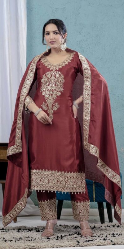 ND 5034 Rust Chinon Silk Salwar Suit with Lace Work & Embroidery Work. Best Price ₹2099. Delivery 4-6 Working Days. Shop now. | Casual Suits, Jump Suits, Tops & Bottoms, Track Suits, Trendy Wear, Creative suits, Designer Suits, Palazzo Suits, Party Wear Suits, Patiala Suits, Salwar suit, Straight Suits