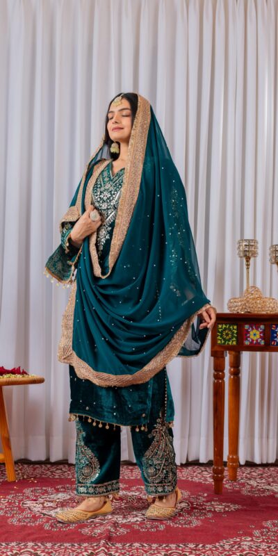 AD 134 Teal Color Heavy Pure Viscose Velvet Embroidery Sharara Suit Wedding, Party, Festive, Events Etc. Expected Delivery 4-6 Working Days @2099/- | Casual Suits, Jump Suits, Creative suits, Designer Suits, Palazzo Suits, Party Wear Suits, Patiala Suits, Salwar suit, Straight Suits