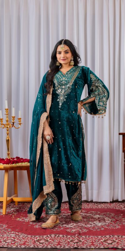 AD 134 Teal Color Heavy Pure Viscose Velvet Embroidery Sharara Suit Wedding, Party, Festive, Events Etc. Expected Delivery 4-6 Working Days @2099/- | Casual Suits, Jump Suits, Creative suits, Designer Suits, Palazzo Suits, Party Wear Suits, Patiala Suits, Salwar suit, Straight Suits