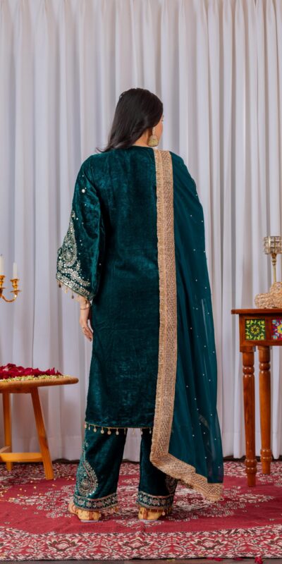 AD 134 Teal Color Heavy Pure Viscose Velvet Embroidery Sharara Suit Wedding, Party, Festive, Events Etc. Expected Delivery 4-6 Working Days @2099/- | Casual Suits, Jump Suits, Creative suits, Designer Suits, Palazzo Suits, Party Wear Suits, Patiala Suits, Salwar suit, Straight Suits