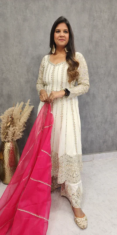 KD 1521 White Faux Georgette Salwar Suit Perfect for Wedding, Party, Pooja, Reception, Engagement – . Introductory Price ₹2099. Delivery 4-6 Working D | Casual Suits, Jump Suits, Creative suits, Designer Suits, Palazzo Suits, Party Wear Suits, Patiala Suits, Salwar suit, Straight Suits