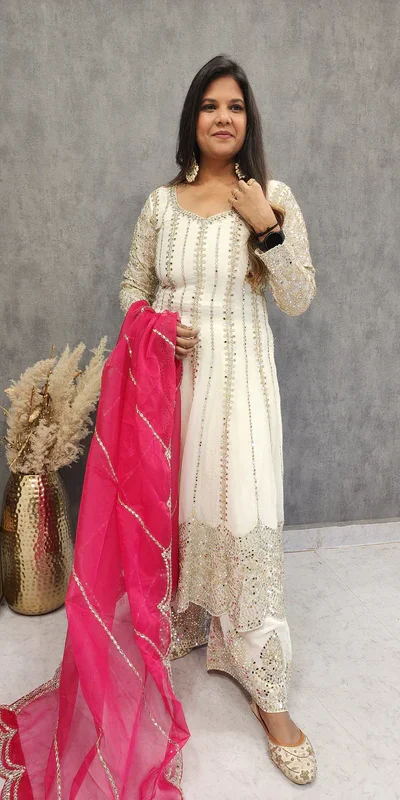 KD 1521 White Faux Georgette Salwar Suit Perfect for Wedding, Party, Pooja, Reception, Engagement – . Introductory Price ₹2099. Delivery 4-6 Working D | Casual Suits, Jump Suits, Creative suits, Designer Suits, Palazzo Suits, Party Wear Suits, Patiala Suits, Salwar suit, Straight Suits