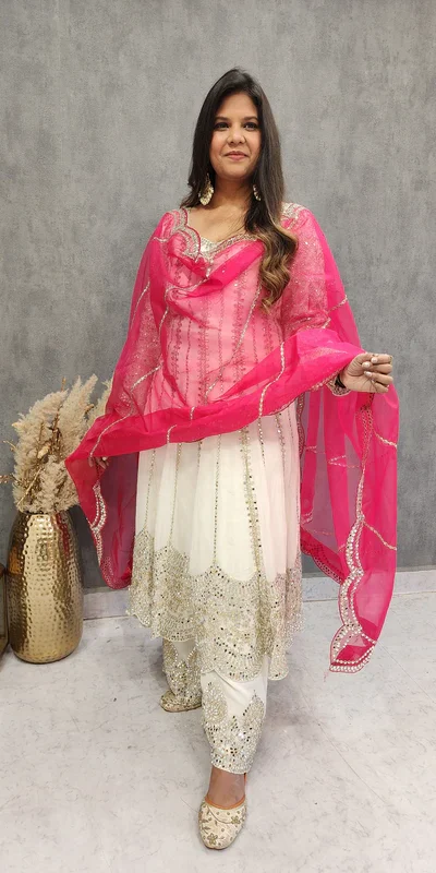 KD 1521 White Faux Georgette Salwar Suit Perfect for Wedding, Party, Pooja, Reception, Engagement – . Introductory Price ₹2099. Delivery 4-6 Working D | Casual Suits, Jump Suits, Creative suits, Designer Suits, Palazzo Suits, Party Wear Suits, Patiala Suits, Salwar suit, Straight Suits