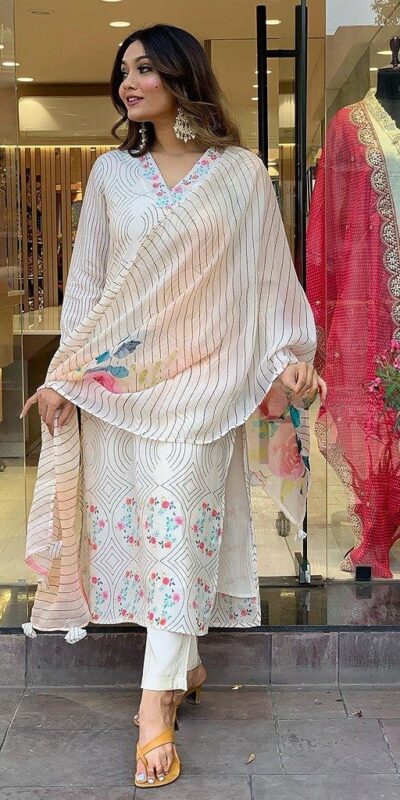 DC G21 White in Maslin Digital Print Salwar Suit . Wedding, Party, Festive, Events, Introductory Price ₹1699. Delivery 4-6 Working Days. Shop now. | Casual Suits, Jump Suits, Creative suits, Designer Suits, Palazzo Suits, Party Wear Suits, Patiala Suits, Salwar suit, Straight Suits