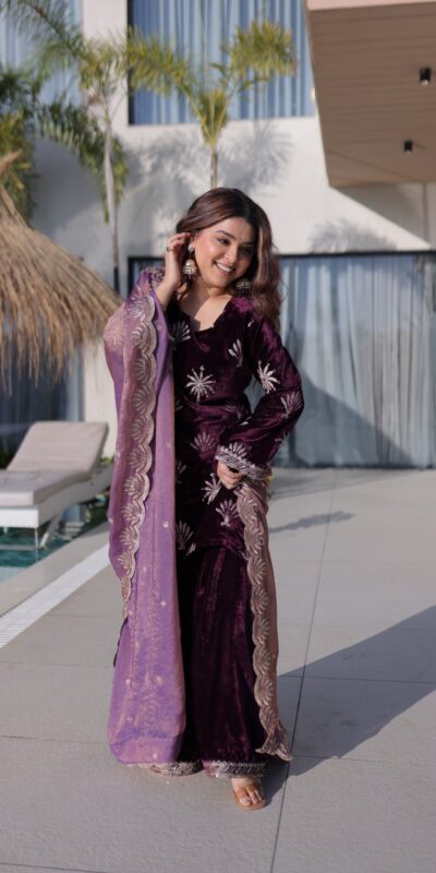 KA 1220 Wine Ice Velvet Salwar Suit with Embroidery Work & Zari Work. Exclusive Offer ₹2499. Delivery 4-6 Working Days. Shop now. | Casual Suits, Jump Suits, Creative suits, Designer Suits, Palazzo Suits, Party Wear Suits, Patiala Suits, Salwar suit, Straight Suits