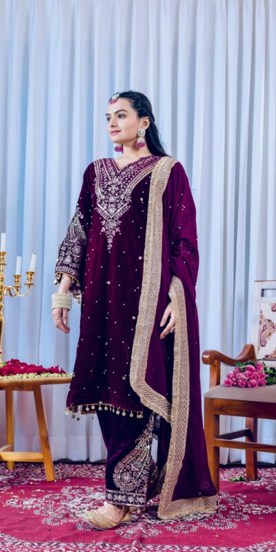 AD 134 Wine Color Heavy Pure Viscose Velvet Embroidery Sharara Suit Wedding, Party, Festive, Events Etc. Expected Delivery  4-6 Working Days @2099/- | Casual Suits, Jump Suits, Creative suits, Designer Suits, Palazzo Suits, Party Wear Suits, Patiala Suits, Salwar suit, Straight Suits