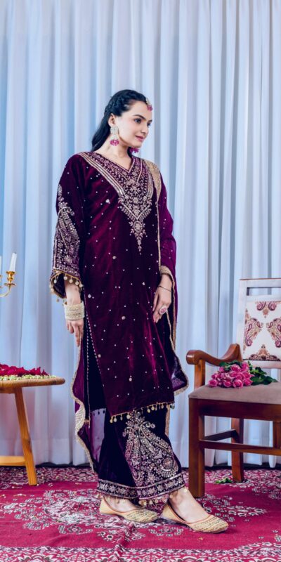 AD 134 Wine Color Heavy Pure Viscose Velvet Embroidery Sharara Suit Wedding, Party, Festive, Events Etc. Expected Delivery  4-6 Working Days @2099/- | Casual Suits, Jump Suits, Creative suits, Designer Suits, Palazzo Suits, Party Wear Suits, Patiala Suits, Salwar suit, Straight Suits
