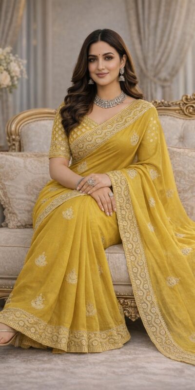 JR 654 Yellow Color Soft Gold Crush Saree with Embroidery Work. Affordable Price ₹2049. Delivery 4-6 Working Days. Shop now. | Creative Sarees, Bollywood Sarees, Designer Sarees, Embroidered Sarees, Ethnic Saree, Modern Digital sarees, Party Wear Sarees, Sarees