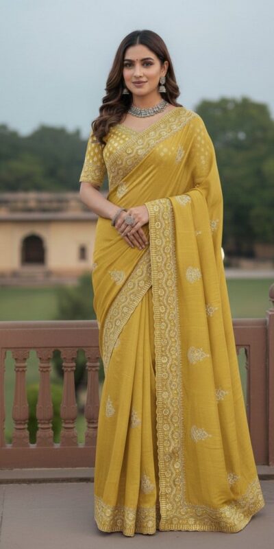 JR 654 Yellow Color Soft Gold Crush Saree with Embroidery Work. Affordable Price ₹2049. Delivery 4-6 Working Days. Shop now. | Creative Sarees, Bollywood Sarees, Designer Sarees, Embroidered Sarees, Ethnic Saree, Modern Digital sarees, Party Wear Sarees, Sarees