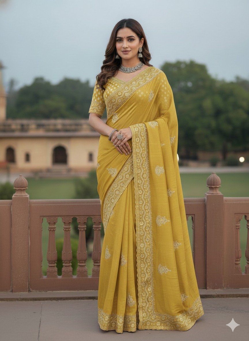 JR 654 Yellow Color Soft Gold Crush Saree with Embroidery Work. Affordable Price ₹2049. Delivery 4-6 Working Days. Shop now. | Creative Sarees, Bollywood Sarees, Designer Sarees, Embroidered Sarees, Ethnic Saree, Modern Digital sarees, Party Wear Sarees, Sarees