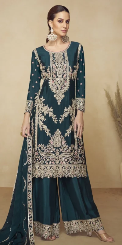Lovely Teal Viscous Chinon Embroidery Work Salwar Suit