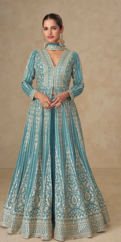 FC 10355 Blue Chinon Silk Salwar Suit with Embroidery Work & Lace Work. Affordable Price ₹3699. Delivery 4-6 Working Days. Shop now. | Casual Suits, Jump Suits, Creative suits, Designer Suits, Palazzo Suits, Party Wear Suits, Patiala Suits, Salwar suit, Straight Suits