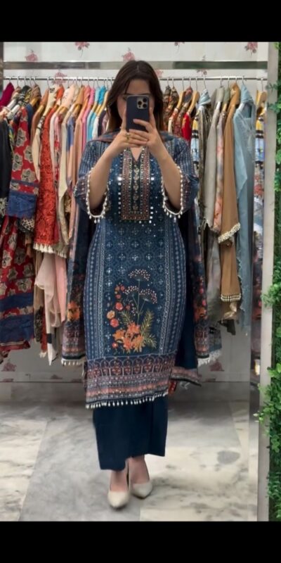 BE 404 Blue Printed Chinon Salwar Suit with Lace Work & Mirror Work. Affordable Price ₹1899. Delivery 4-6 Working Days. Shop now. | Casual Suits, Jump Suits, Creative suits, Designer Suits, Palazzo Suits, Party Wear Suits, Patiala Suits, Salwar suit, Straight Suits