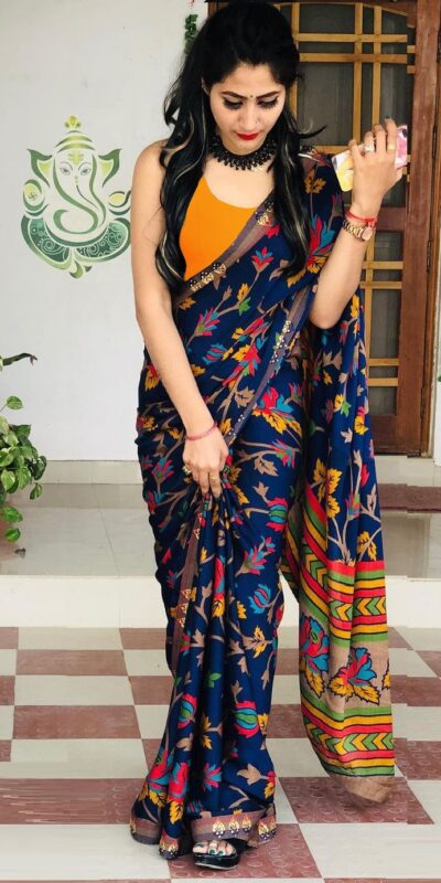 KT 131 Blue Digital Print & Lace Work Saree in Blue Softy Silk. Introductory Price ₹1499. Delivery 4-6 Working Days. Shop now. | Creative Sarees, Bollywood Sarees, Designer Sarees, Embroidered Sarees, Ethnic Saree, Modern Digital sarees, Party Wear Sarees, Sarees