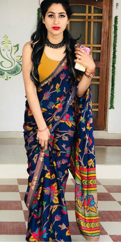KT 131 Blue Digital Print & Lace Work Saree in Blue Softy Silk. Introductory Price ₹1499. Delivery 4-6 Working Days. Shop now. | Creative Sarees, Bollywood Sarees, Designer Sarees, Embroidered Sarees, Ethnic Saree, Modern Digital sarees, Party Wear Sarees, Sarees