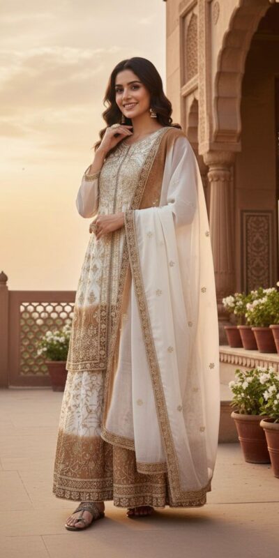 AD 224 Brown Color Dual Tone Star Georgette Salwar Suit with Embroidery Work. Affordable Price ₹2399. Delivery 4-6 Working Days. Shop now. | Casual Suits, Jump Suits, Creative suits, Designer Suits, Palazzo Suits, Party Wear Suits, Patiala Suits, Salwar suit, Straight Suits